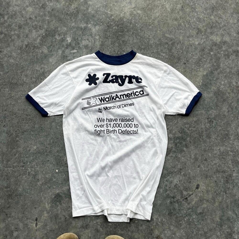 RARE Vintage 80s Walk America Zayre March of Dimes Tee Shirt Size Large Ringer